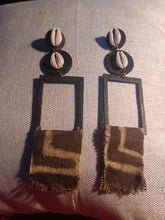Load image into Gallery viewer, Handmade Mudcloth Cowrie Shell and Wood Earrings