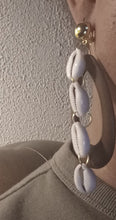 Load image into Gallery viewer, Handmade wood and cowrie shell hoop clip on earrings