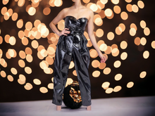 Load image into Gallery viewer, Black faux patent leather Sweetheart Jumpsuit M Kargo Fresh