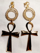 Load image into Gallery viewer, Clip on Gold Metal and Rhinestone Ankh Clip On Earrings Kargo Fresh
