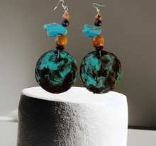 Load image into Gallery viewer, Extra large handmade handpainted wood and turquoise earrings Kargo Fresh