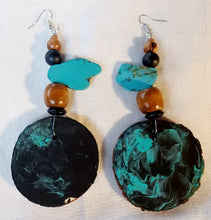 Load image into Gallery viewer, Extra large handmade handpainted wood and turquoise earrings Kargo Fresh