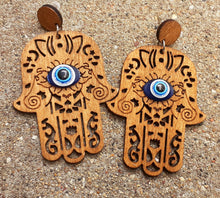 Load image into Gallery viewer, Hamsa Wooden Earrings Kargo Fresh