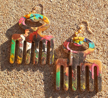 Load image into Gallery viewer, Handpainted Wooden Afro Pick Earrings Kargo Fresh
