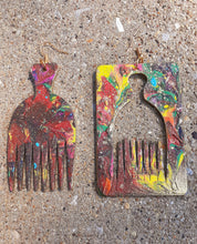 Load image into Gallery viewer, Handpainted large Wooden Asymmetric Afro Pick Earrings Kargo Fresh