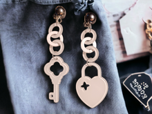 Load image into Gallery viewer, Heart and Key acrylic pop art clip on earrings Kargo Fresh