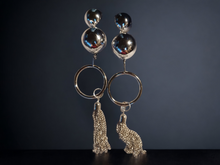 Load image into Gallery viewer, Large avant gard silver hoop and chain clip on earrings Kargo Fresh