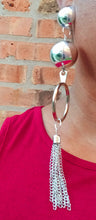 Load image into Gallery viewer, Large avant gard silver hoop and chain clip on earrings Kargo Fresh