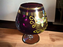 Load image into Gallery viewer, Large Vintage Amethyst Glass Brandy Snifter W Gold Trim & Hand Painted Flowers
