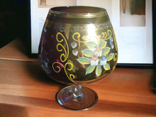 Load image into Gallery viewer, Large Vintage Amethyst Glass Brandy Snifter W Gold Trim & Hand Painted Flowers