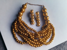 Load image into Gallery viewer, Handmade gold wood bead necklace set with clip on earrings