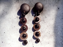 Load image into Gallery viewer, Handmade geometric abalone shell and wood earrings