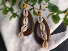 Load image into Gallery viewer, Handmade wood and cowrie shell hoop clip on earrings