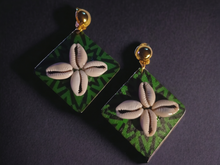 Load image into Gallery viewer, Abstract wood and metal cowrie clip on earrings