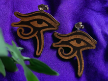 Load image into Gallery viewer, Extra large wooden eye of horus clip on earrings