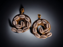 Load image into Gallery viewer, Handmade Abstract wood and cowrie clip on earrings