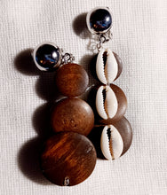Load image into Gallery viewer, Small Handmade wood and cowrie clip on earrings Kargo Fresh