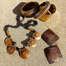 Load image into Gallery viewer, Vintage Brutalist Carved Brass and Copper Modernist Necklace Kargo Fresh