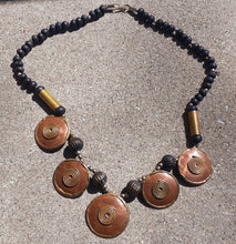 Load image into Gallery viewer, Vintage Brutalist Carved Brass and Copper Modernist Necklace Kargo Fresh