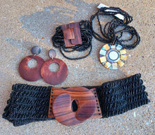 Load image into Gallery viewer, Vintage Hand beaded Walnut Wood Elastic Belt bracelet necklace and earrings set Kargo Fresh