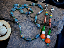 Load image into Gallery viewer, Vintage ugandan paper bead necklace and custom clip on earrings set Kargo Fresh
