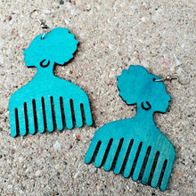 Load image into Gallery viewer, Wooden Afro Centric Afro Pick Earrings Kargo Fresh