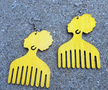 Load image into Gallery viewer, Wooden Afro Centric Afro Pick Earrings Kargo Fresh