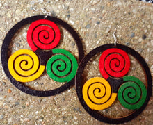 Load image into Gallery viewer, Wooden RBGY spiral design Afrocentric Earrings Kargo Fresh