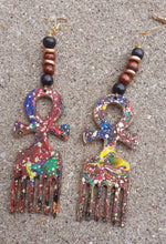 Load image into Gallery viewer, Handpainted Ankh Afro Pick Abstract Wooden Earrings