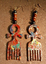 Load image into Gallery viewer, Handpainted Ankh Afro Pick Abstract Wooden Earrings