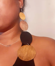 Load image into Gallery viewer, Extra Long 7 inch Handmade Wooden Disc Earrings multi color