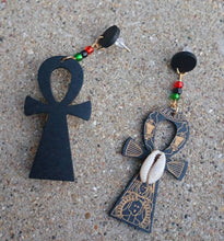 Load image into Gallery viewer, Handmade Wooden Ankh Earrings pierced ears