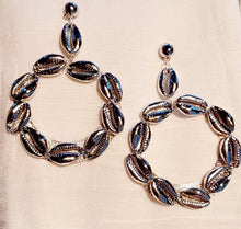 Load image into Gallery viewer, Handmade Hammered silver Metal and cowrie shell Clip On Hoop Earrings