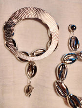 Load image into Gallery viewer, Handmade Hammered silver Metal and cowrie shell Clip On Hoop Earrings