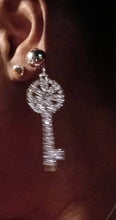 Load image into Gallery viewer, Handmade Silver Metal and Shiny Rhinestone Key Clip On Earrings