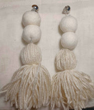 Load image into Gallery viewer, Clip on Extra Large Handmade felted wood and Yarn Tassel Earrings off white