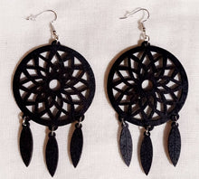 Load image into Gallery viewer, Large Wooden Dream Catcher Dangle Earrings black pierced ears