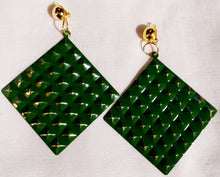 Load image into Gallery viewer, Large Hammered Metal Dangle Clip On Earrings green