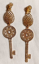 Load image into Gallery viewer, Handmade gold Metal and Shiny Rhinestone Key Clip On Earrings