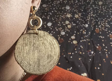 Load image into Gallery viewer, Large 4 inch handpainted Birch tree Wooden Disc Clip on Earrings gold