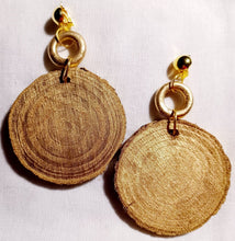 Load image into Gallery viewer, Large 4 inch handpainted Birch tree Wooden Disc Clip on Earrings gold
