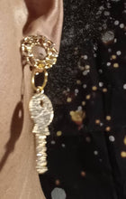 Load image into Gallery viewer, Small Handmade gold Metal and Shiny Rhinestone Key Clip On Earrings