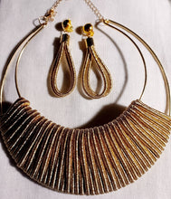 Load image into Gallery viewer, Gold Bib Collar Necklace & Clip On Dangle Earrings Set