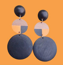Load image into Gallery viewer, Handmade abstract Tri Color Wood Clip On Dangle Earrings