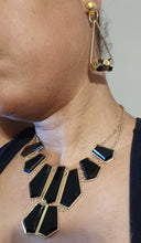 Load image into Gallery viewer, Black and Gold Acrylic Bib Necklace with Clip On Earrings