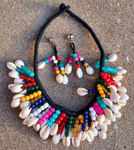 Load image into Gallery viewer, Vintage Cowrie Shell Bib Necklace & Clip On Earrings Set, Handmade Kenya