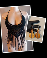 Load image into Gallery viewer, Vintage style crochet halter crop top with custom matching earrings New large