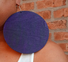 Load image into Gallery viewer, Giant handpainted Wooden Disc Earrings gold 6 inch purple