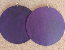 Load image into Gallery viewer, Giant handpainted Wooden Disc Earrings gold 6 inch purple
