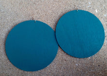 Load image into Gallery viewer, Giant handpainted Wooden Disc Earrings gold 6 inch dark teal